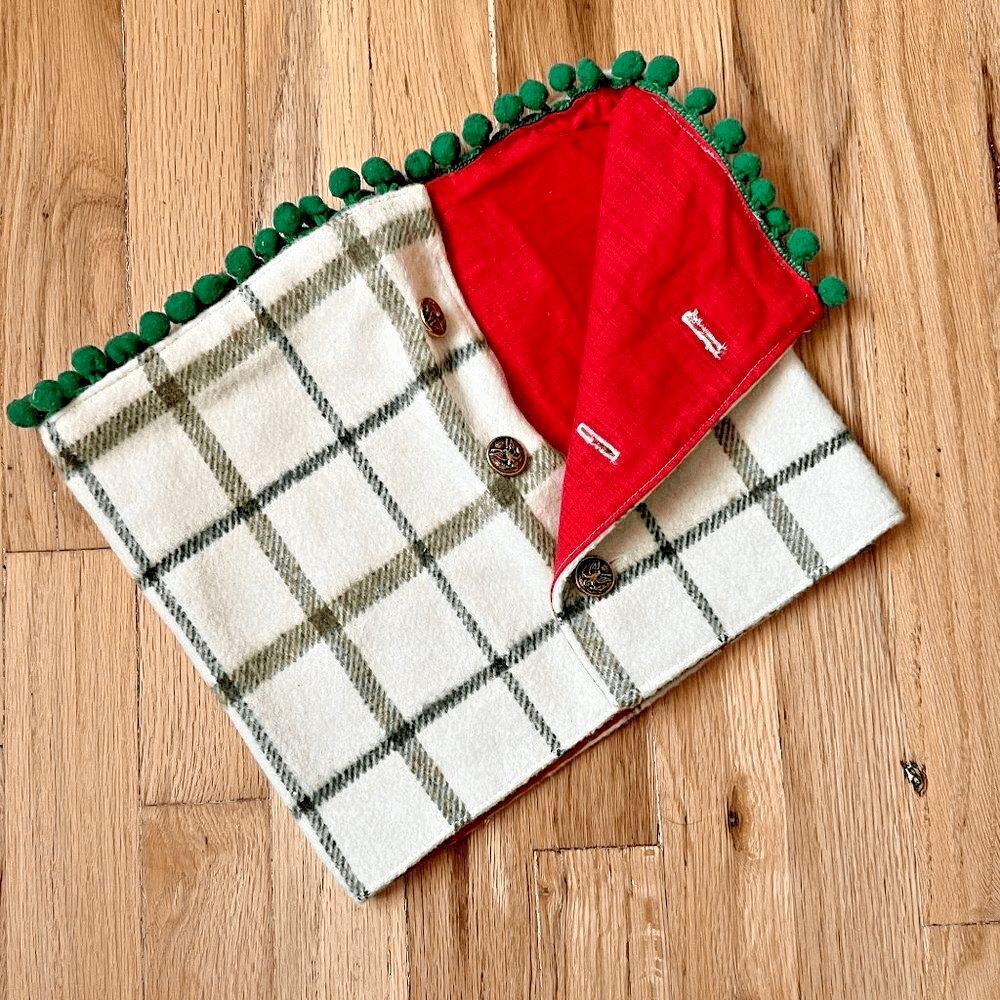 Handmade vintage fabric‎ wool buttoned cowl plaid scarf neck warmer kids pompom